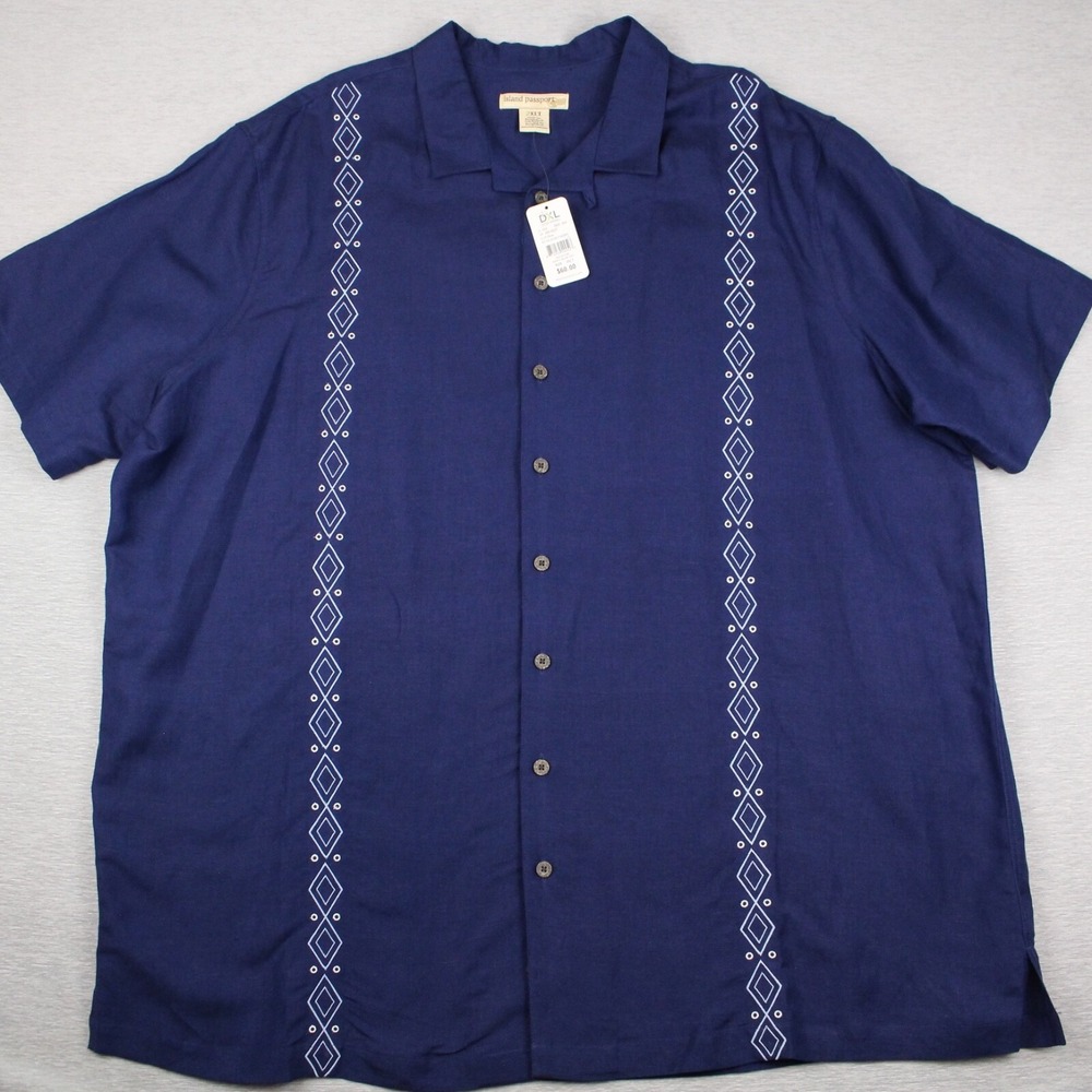 Island Passport Shirt Mens Size 2XLT Tall Blue Linen Rayon Blend Button Up NEW